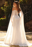 Vestido largo de baile de fin de curso con capa, sirena con cuentas blancas y lentejuelas,