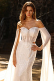 Vestido largo de baile de fin de curso con capa, sirena con cuentas blancas y lentejuelas,