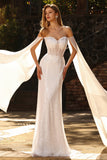 Vestido largo de baile de fin de curso con capa, sirena con cuentas blancas y lentejuelas,