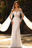 Vestido largo de baile de fin de curso con capa, sirena con cuentas blancas y lentejuelas,