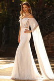Vestido largo de baile de fin de curso con capa, sirena con cuentas blancas y lentejuelas,