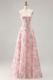Corsé rosa: Una línea de vestido largo bordado con flores y lentejuelas