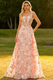 Corsé rosa: Una línea de vestido largo bordado con flores y lentejuelas
