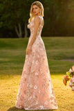 Corsé rosa: Una línea de vestido largo bordado con flores y lentejuelas