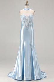 Corsé de Sirena azul Vestido largo de satén de satén con serpentina