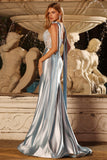 Corsé de Sirena azul Vestido largo de satén de satén con serpentina