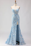 Vestido de fiesta largo sirena azul sin tirantes con flores 3D de lentejuelas y abertura