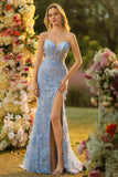 Corsé sin tirantes de sirena fucsia, flores 3D de lentejuelas, vestido largo de graduación con abertura