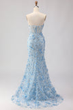 Vestido de fiesta largo sirena azul sin tirantes con flores 3D de lentejuelas y abertura