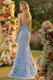 Corsé sin tirantes de sirena fucsia, flores 3D de lentejuelas, vestido largo de graduación con abertura