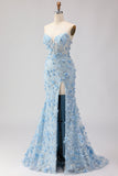 Vestido de fiesta largo sirena azul sin tirantes con flores 3D de lentejuelas y abertura
