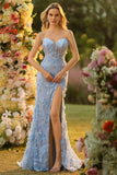 Corsé sin tirantes de sirena fucsia, flores 3D de lentejuelas, vestido largo de graduación con abertura