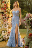 Corsé sin tirantes de sirena fucsia, flores 3D de lentejuelas, vestido largo de graduación con abertura