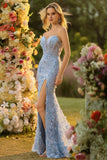 Corsé sin tirantes de sirena fucsia, flores 3D de lentejuelas, vestido largo de graduación con abertura