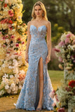 Corsé sin tirantes de sirena fucsia, flores 3D de lentejuelas, vestido largo de graduación con abertura
