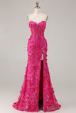 Corsé sin tirantes de sirena fucsia, flores 3D de lentejuelas, vestido largo de graduación con abertura