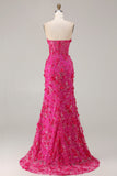 Corsé sin tirantes de sirena fucsia, flores 3D de lentejuelas, vestido largo de graduación con abertura