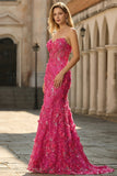 Corsé de sirena fucsia Flores 3D sin tirantes Vestido largo de graduación con abertura
