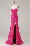 Corsé sin tirantes de sirena fucsia, flores 3D de lentejuelas, vestido largo de graduación con abertura