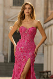 Corsé de sirena fucsia Flores 3D sin tirantes Vestido largo de graduación con abertura