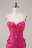 Corsé sin tirantes de sirena fucsia, flores 3D de lentejuelas, vestido largo de graduación con abertura