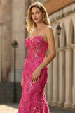 Corsé de sirena fucsia Flores 3D sin tirantes Vestido largo de graduación con abertura