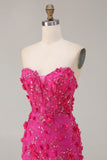 Corsé sin tirantes de sirena fucsia, flores 3D de lentejuelas, vestido largo de graduación con abertura