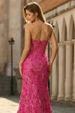 Corsé de sirena fucsia Flores 3D sin tirantes Vestido largo de graduación con abertura