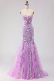 Corsé de encaje sirena sin tirantes morado, vestido largo de graduación con cuentas