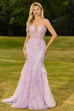 Corsé de encaje sin tirantes de sirena morado vestido largo de graduación con flores 3D