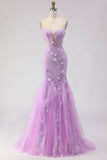 Corsé de encaje sin tirantes de sirena morado vestido largo de graduación con flores 3D