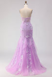 Corsé de encaje sin tirantes de sirena morado vestido largo de graduación con flores 3D