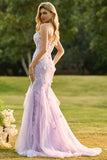 Corsé de encaje sin tirantes de sirena morado vestido largo de graduación con flores 3D