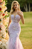 Corsé de encaje sin tirantes de sirena morado vestido largo de graduación con flores 3D