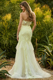 Corsé sin tirantes amarillo sirena, vestido largo de galera con flores 3D