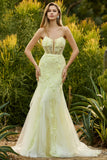 Corsé sin tirantes amarillo sirena, vestido largo de galera con flores 3D
