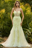 Corsé sin tirantes amarillo sirena, vestido largo de galera con flores 3D