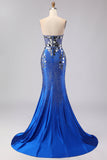 Vestido largo de graduación largo de la sirena azul real con abertura lateral y abertura lateral con espejo