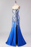 Vestido largo de graduación largo de la sirena azul real con abertura lateral y abertura lateral con espejo