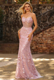 Vestido largo largo de graduación de sirena transparente con corsé transparente y cuentas con brillante coloreto y lentejuelas