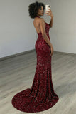 Vestido largo de graduación con lentejuelas y sirena burdeos brillante