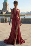 Vestido largo de graduación con lentejuelas y sirena burdeos brillante