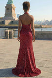 Vestido largo de graduación con lentejuelas y sirena burdeos brillante