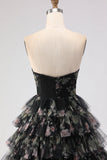Vestido largo de graduación negro con volantes y volantes A-Line sin tirantes con lazos