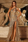 Vestido largo de graduación dorado brillante con lentejuelas de sirena de un solo hombro y abertura