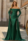 Vestido largo de baile de sirena de satén fruncido verde oscuro verde descubierto con mangas largas