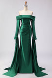 Vestido largo largo de satén de satén y sirena verde oscuro de fin de curso y manga larga