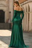 Vestido largo de baile de sirena de satén fruncido verde oscuro verde descubierto con mangas largas