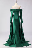 Vestido largo largo de satén de satén y sirena verde oscuro de fin de curso y manga larga