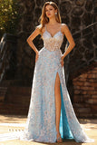 Lentejuelas azules Corsé transparente Una línea Flores 3D Vestido largo de graduación con abertura